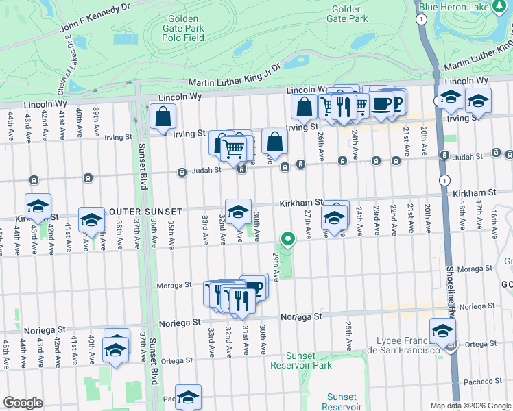 map of restaurants, bars, coffee shops, grocery stores, and more near 30th Avenue & Kirkham Street in San Francisco