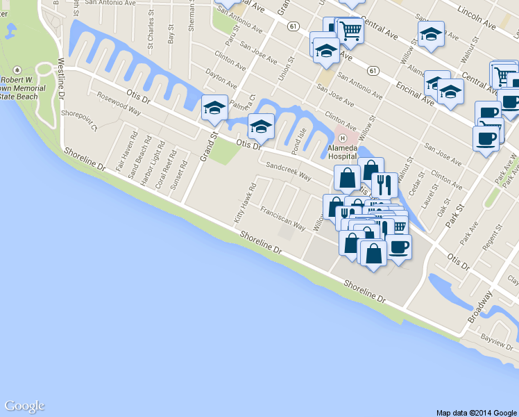 map of restaurants, bars, coffee shops, grocery stores, and more near 404 Greenbrier Road in Alameda