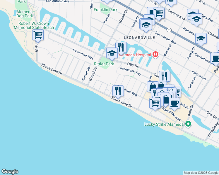 map of restaurants, bars, coffee shops, grocery stores, and more near 325 Kitty Hawk Road in Alameda