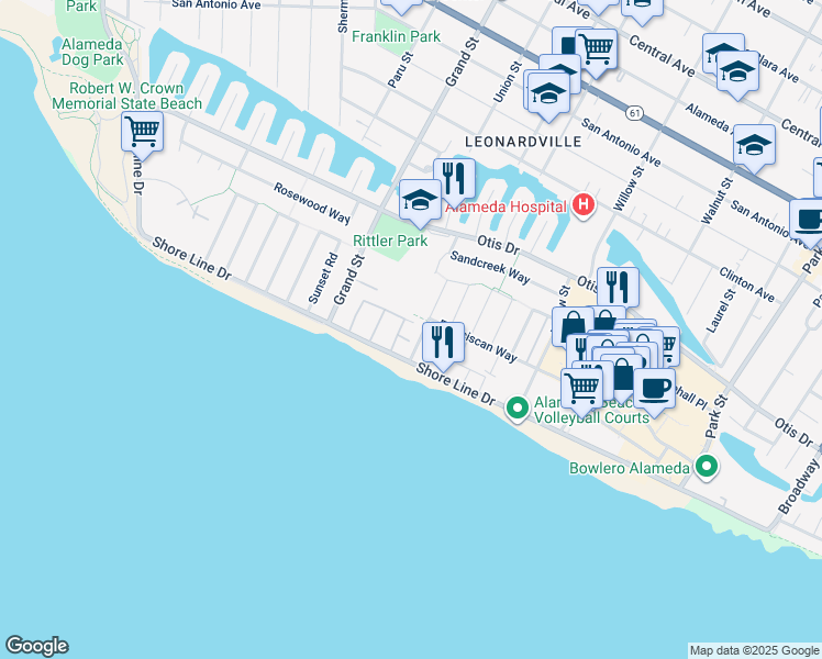 map of restaurants, bars, coffee shops, grocery stores, and more near 333 Kitty Hawk Road in Alameda