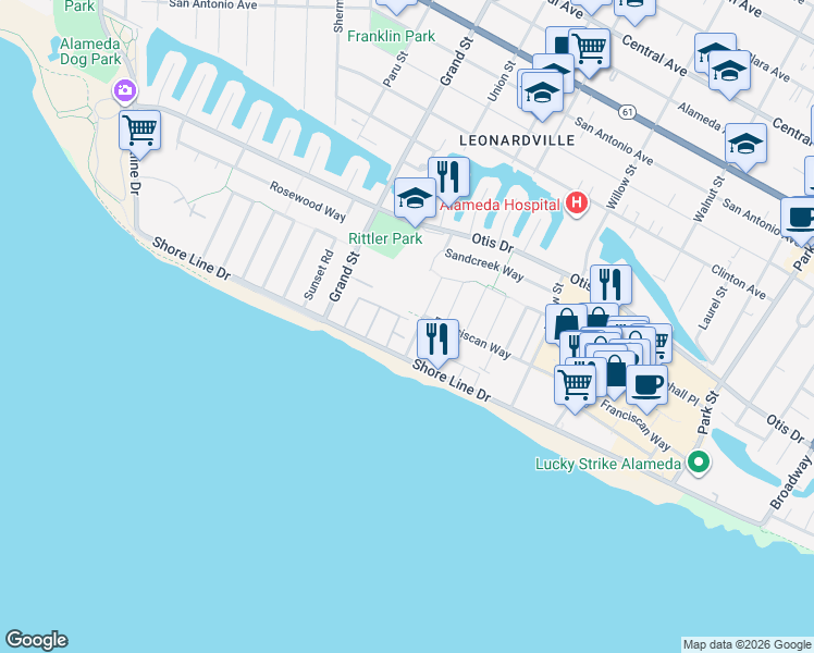 map of restaurants, bars, coffee shops, grocery stores, and more near 325 Kitty Hawk Road in Alameda