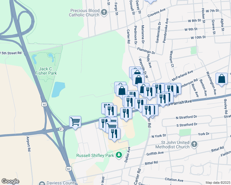 map of restaurants, bars, coffee shops, grocery stores, and more near Earls Lane in Owensboro