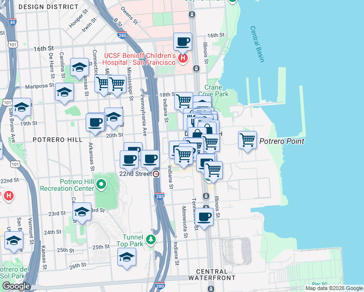 map of restaurants, bars, coffee shops, grocery stores, and more near 909 Tennessee Street in San Francisco