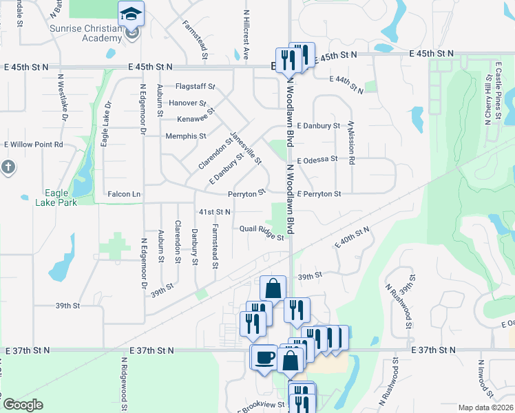 map of restaurants, bars, coffee shops, grocery stores, and more near 6200 E 41st Circle North in Bel Aire