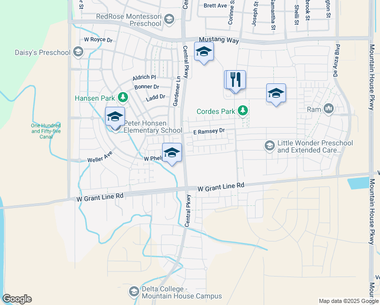 map of restaurants, bars, coffee shops, grocery stores, and more near 93 East Ramsey Drive in Mountain House