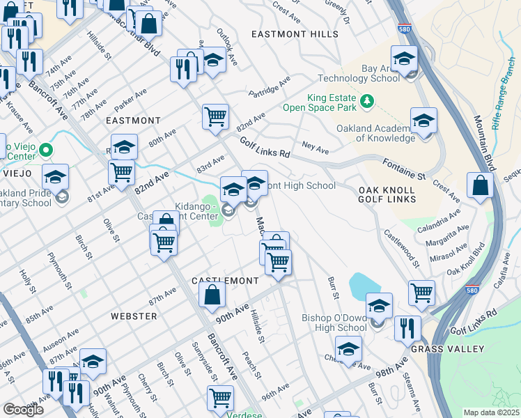map of restaurants, bars, coffee shops, grocery stores, and more near 8600 MacArthur Boulevard in Oakland
