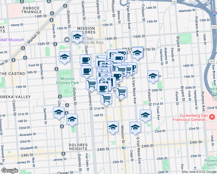 map of restaurants, bars, coffee shops, grocery stores, and more near 252 Lexington Street in San Francisco
