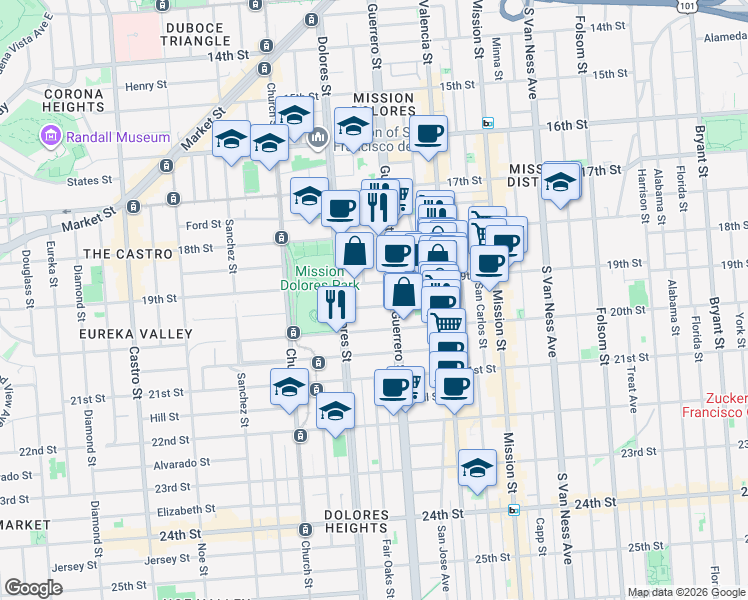 map of restaurants, bars, coffee shops, grocery stores, and more near in San Francisco