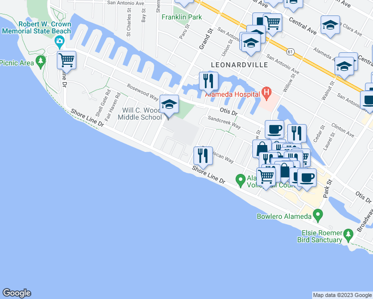 map of restaurants, bars, coffee shops, grocery stores, and more near 333 Kitty Hawk Road in Alameda