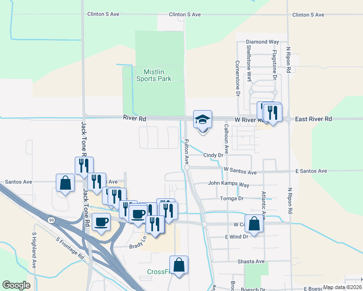 map of restaurants, bars, coffee shops, grocery stores, and more near 1643 Warren Road in Ripon