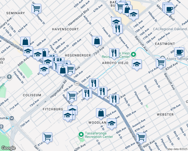map of restaurants, bars, coffee shops, grocery stores, and more near 1511 77th Ave in Oakland