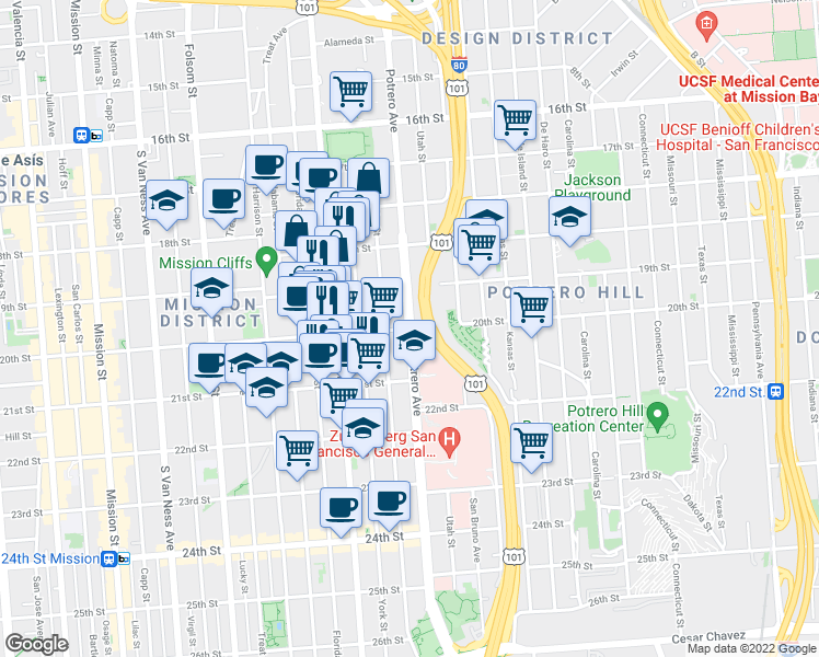 map of restaurants, bars, coffee shops, grocery stores, and more near Potrero Ave & 20th St in San Francisco