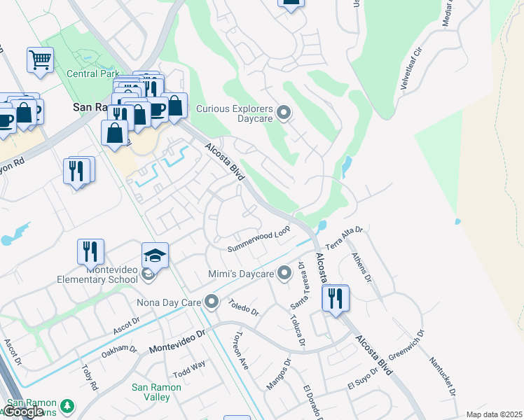 map of restaurants, bars, coffee shops, grocery stores, and more near 246 Countrybrook Loop in San Ramon