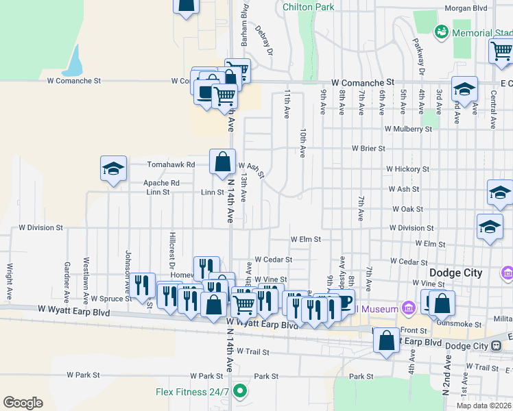 map of restaurants, bars, coffee shops, grocery stores, and more near 1210 13th Avenue in Dodge City