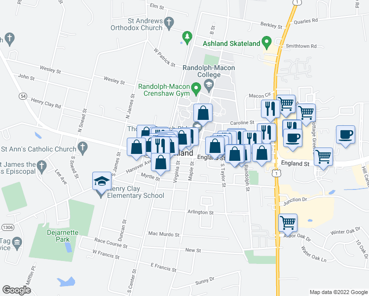 map of restaurants, bars, coffee shops, grocery stores, and more near in Ashland