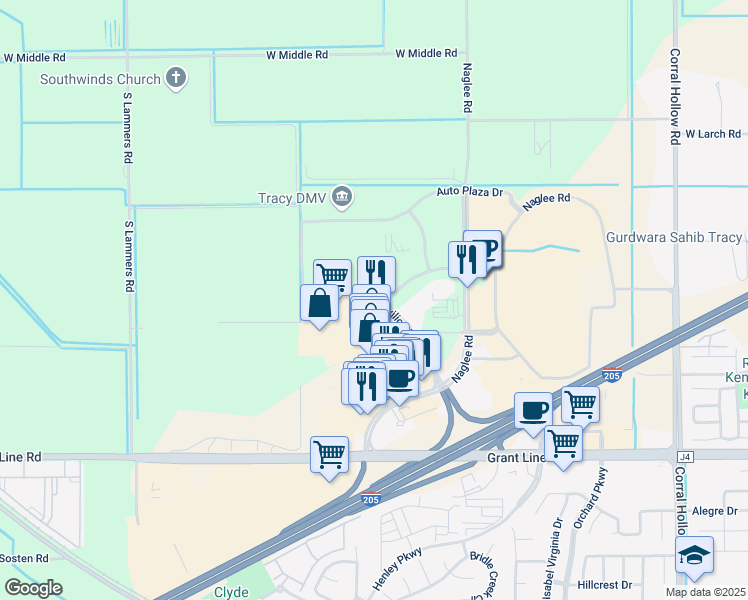map of restaurants, bars, coffee shops, grocery stores, and more near 2725 Pavilion Parkway in Tracy