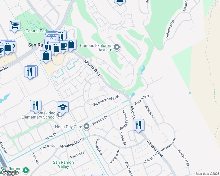 map of restaurants, bars, coffee shops, grocery stores, and more near 246 Countrybrook Loop in San Ramon
