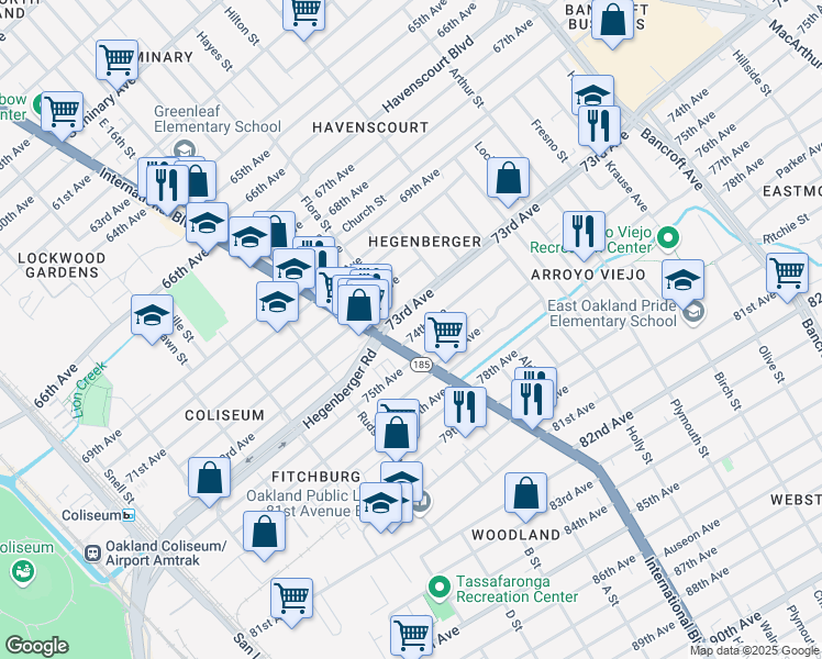 map of restaurants, bars, coffee shops, grocery stores, and more near 1441 74th Avenue in Oakland