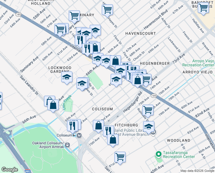 map of restaurants, bars, coffee shops, grocery stores, and more near 6720 Hamilton Street in Oakland