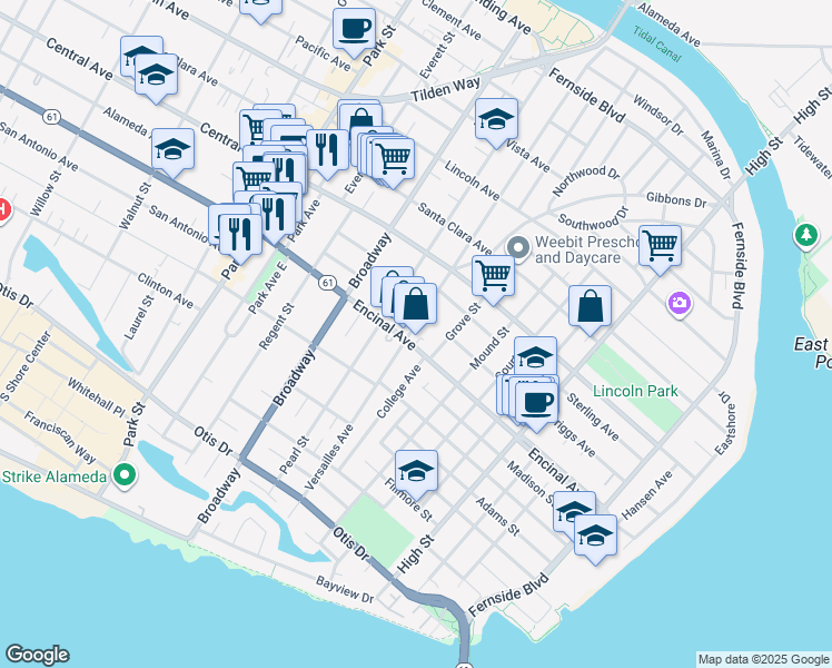 map of restaurants, bars, coffee shops, grocery stores, and more near 1312 Versailles Avenue in Alameda