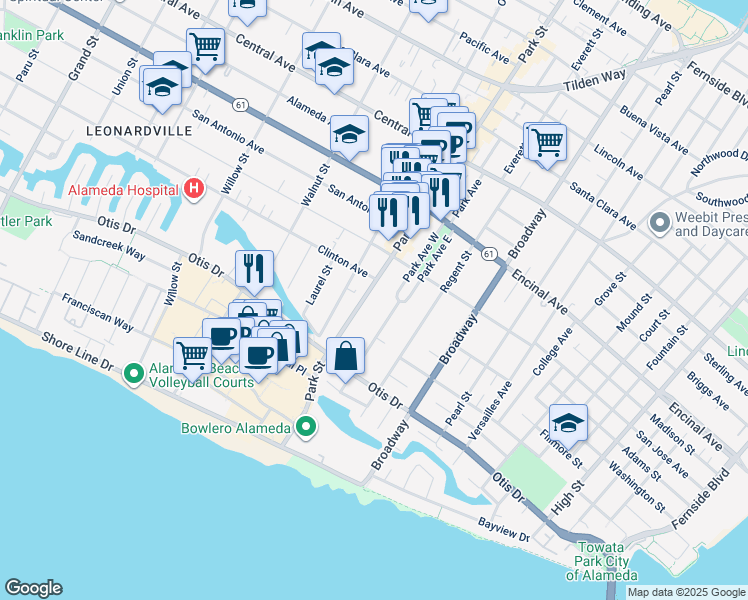 map of restaurants, bars, coffee shops, grocery stores, and more near 981 Park Street in Alameda