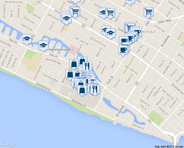 map of restaurants, bars, coffee shops, grocery stores, and more near 838 Cedar Street in Alameda
