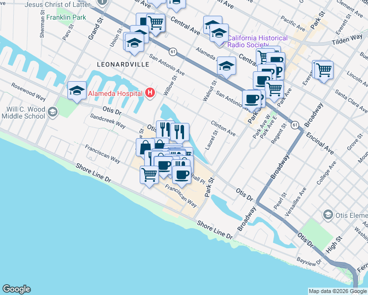 map of restaurants, bars, coffee shops, grocery stores, and more near 2217 Otis Drive in Alameda