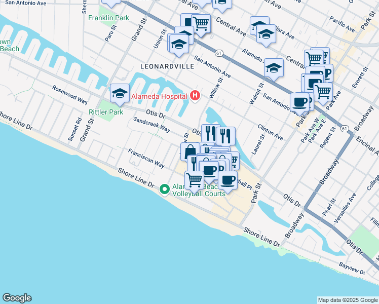 map of restaurants, bars, coffee shops, grocery stores, and more near 2111 Whitehall Place in Alameda