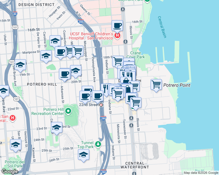 map of restaurants, bars, coffee shops, grocery stores, and more near 867 Indiana Street in San Francisco