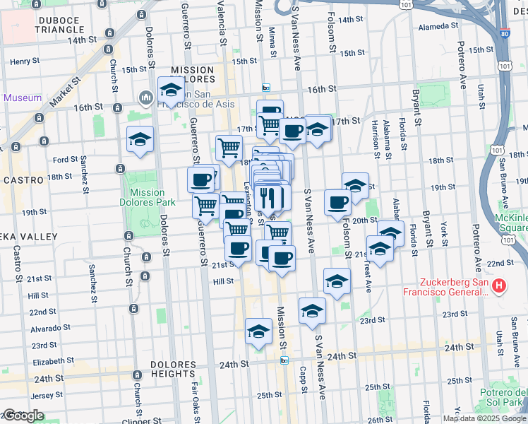 map of restaurants, bars, coffee shops, grocery stores, and more near 2344 Mission Street in San Francisco