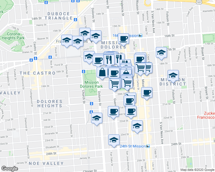 map of restaurants, bars, coffee shops, grocery stores, and more near in San Francisco