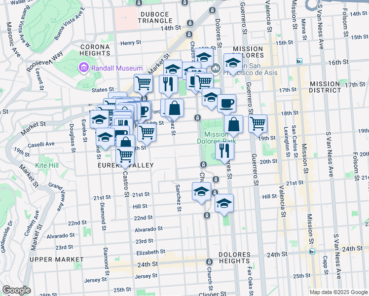 map of restaurants, bars, coffee shops, grocery stores, and more near 3875 19th Street in San Francisco