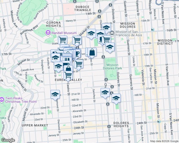 map of restaurants, bars, coffee shops, grocery stores, and more near 580 Sanchez Street in San Francisco