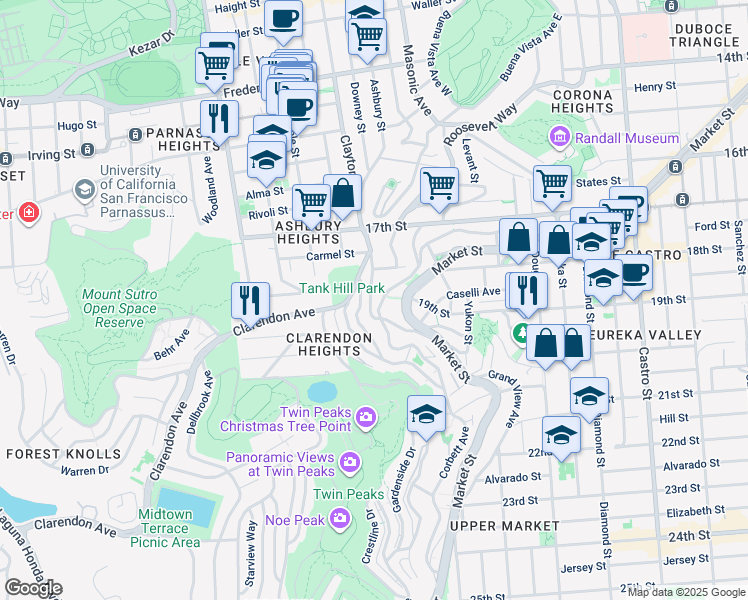map of restaurants, bars, coffee shops, grocery stores, and more near 1359 Clayton Street in San Francisco