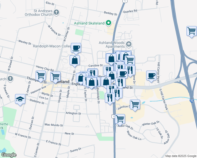 map of restaurants, bars, coffee shops, grocery stores, and more near 407 College Avenue in Ashland