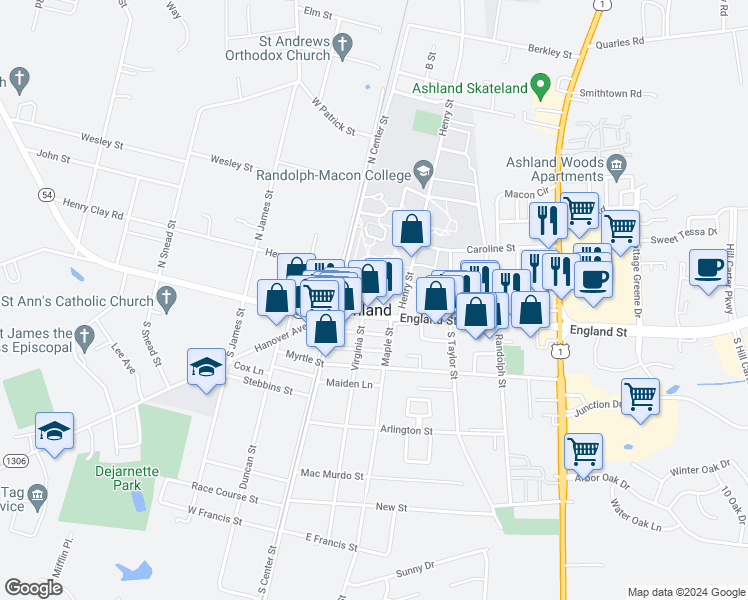 map of restaurants, bars, coffee shops, grocery stores, and more near in Ashland
