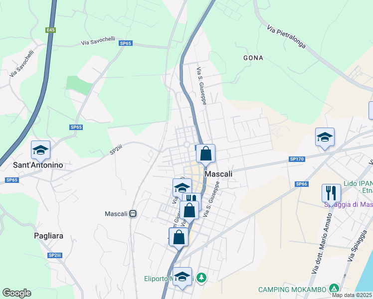 map of restaurants, bars, coffee shops, grocery stores, and more near 1 Via Conte Ruggero in Mascali