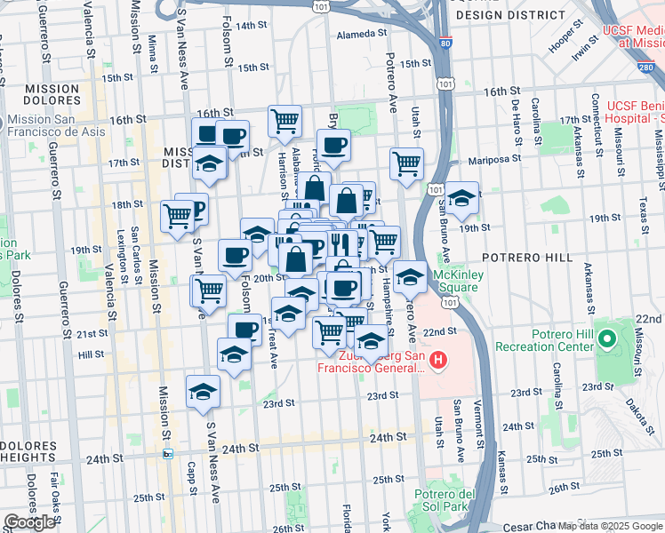 map of restaurants, bars, coffee shops, grocery stores, and more near 777 Florida Street in San Francisco