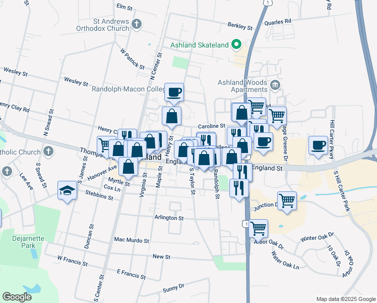 map of restaurants, bars, coffee shops, grocery stores, and more near 209 College Avenue in Ashland