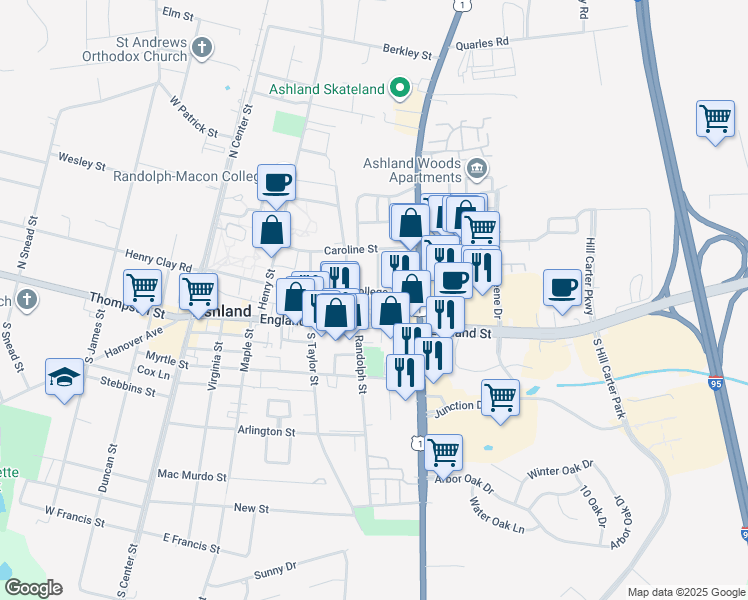 map of restaurants, bars, coffee shops, grocery stores, and more near 407 College Avenue in Ashland