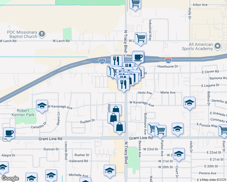 map of restaurants, bars, coffee shops, grocery stores, and more near 735 Scarlett Place in Tracy