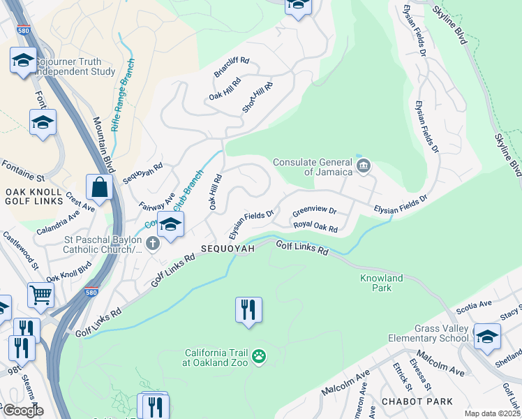 map of restaurants, bars, coffee shops, grocery stores, and more near 82 Elysian Fields Drive in Oakland