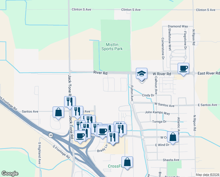 map of restaurants, bars, coffee shops, grocery stores, and more near 1644 Carrara Lane in Ripon