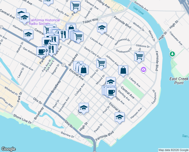 map of restaurants, bars, coffee shops, grocery stores, and more near 1342 Grove Street in Alameda