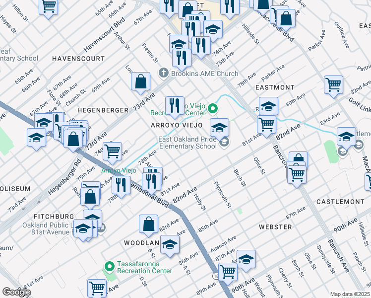 map of restaurants, bars, coffee shops, grocery stores, and more near 7869 Lockwood St in Oakland