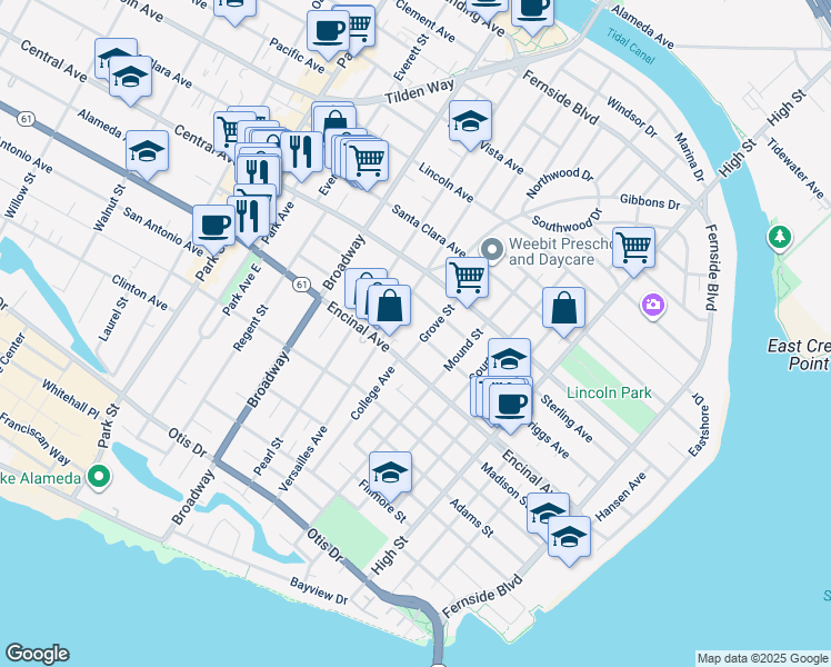 map of restaurants, bars, coffee shops, grocery stores, and more near 1329 Grove Street in Alameda