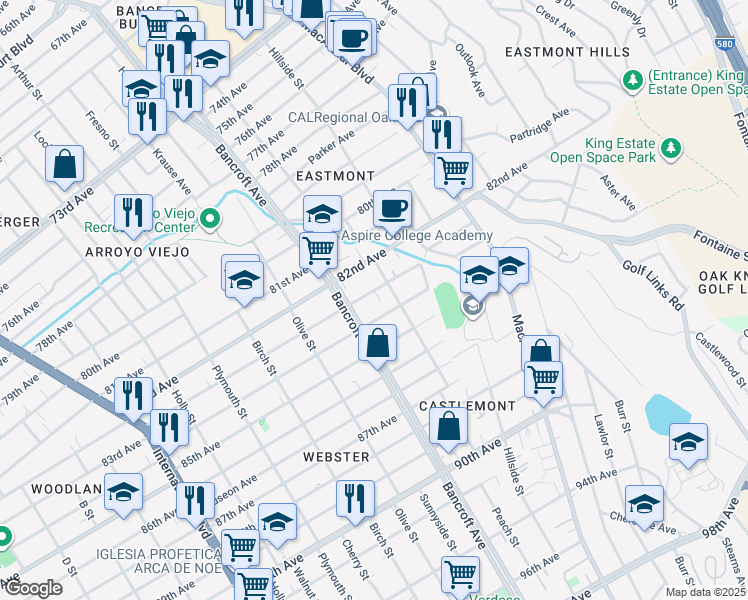 map of restaurants, bars, coffee shops, grocery stores, and more near 2250 83rd Avenue in Oakland