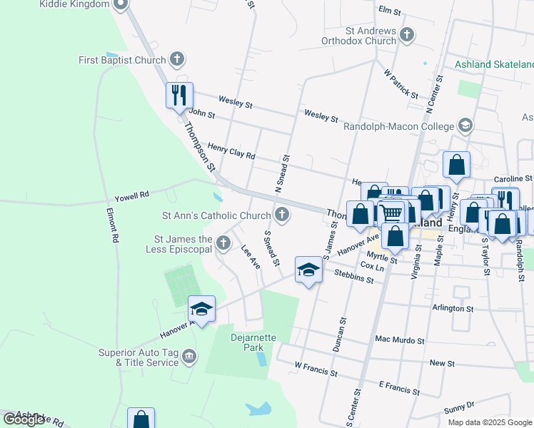 map of restaurants, bars, coffee shops, grocery stores, and more near 106 South Snead Street in Ashland