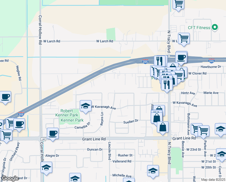 map of restaurants, bars, coffee shops, grocery stores, and more near 1501 Dronero Way in Tracy