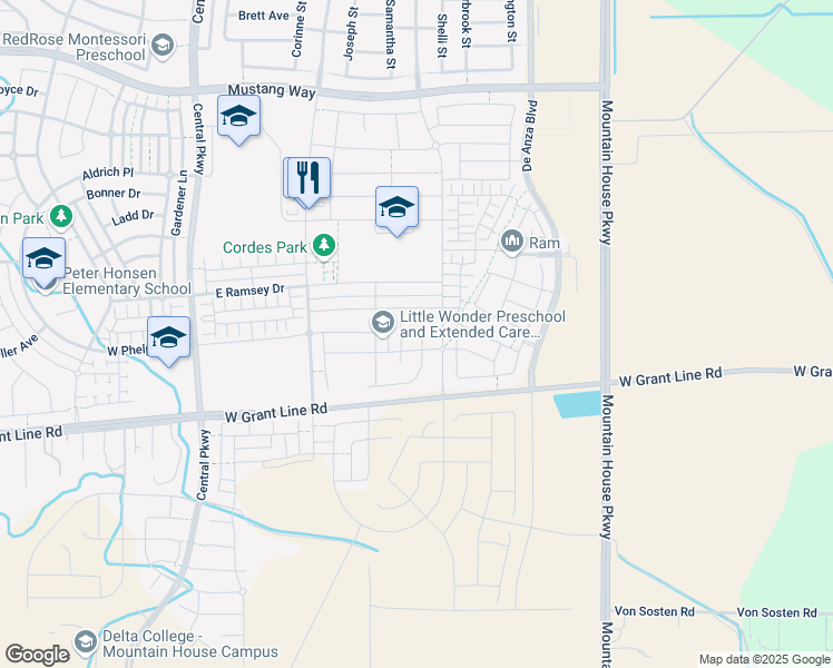 map of restaurants, bars, coffee shops, grocery stores, and more near 1459 Mattina Street in Tracy